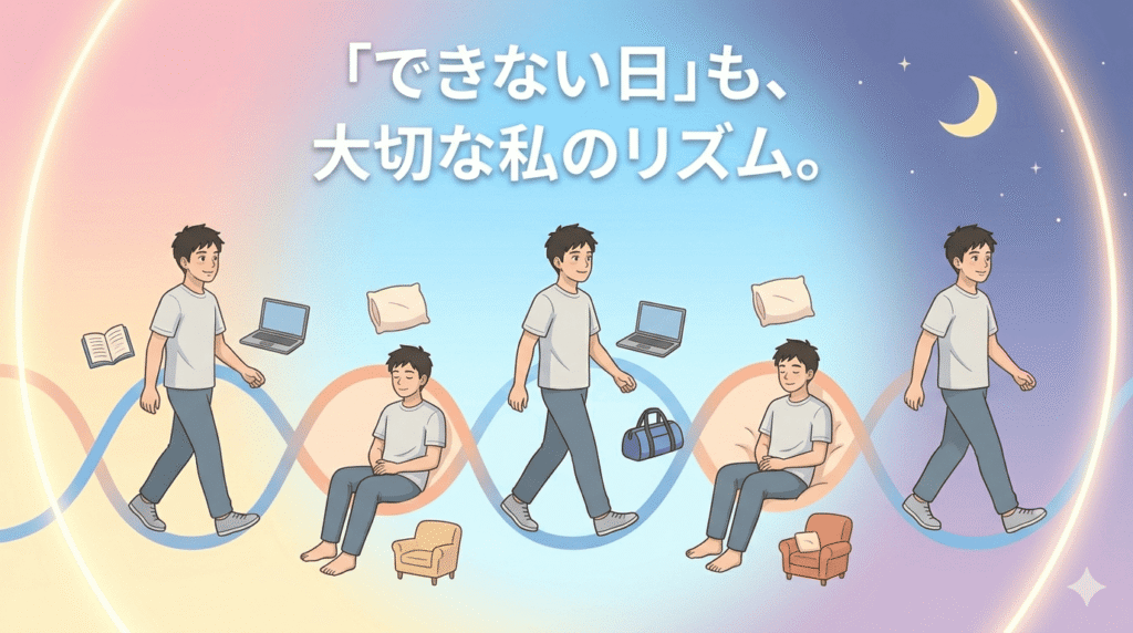 非常に晴れやかで、バランスの取れた色調。30〜40代の日本人男性が、波打つグラフのような線の上を、歩いたり、時には座って休んだりしながら進んでいる。グラフの線は「調子が良い時」と「悪い時」を表しているが、彼はどちらの状態も受け入れ、笑顔で前を向いている。背景は、時間経過を表すように、朝、昼、夜の色がグラデーションで繋がっている。
