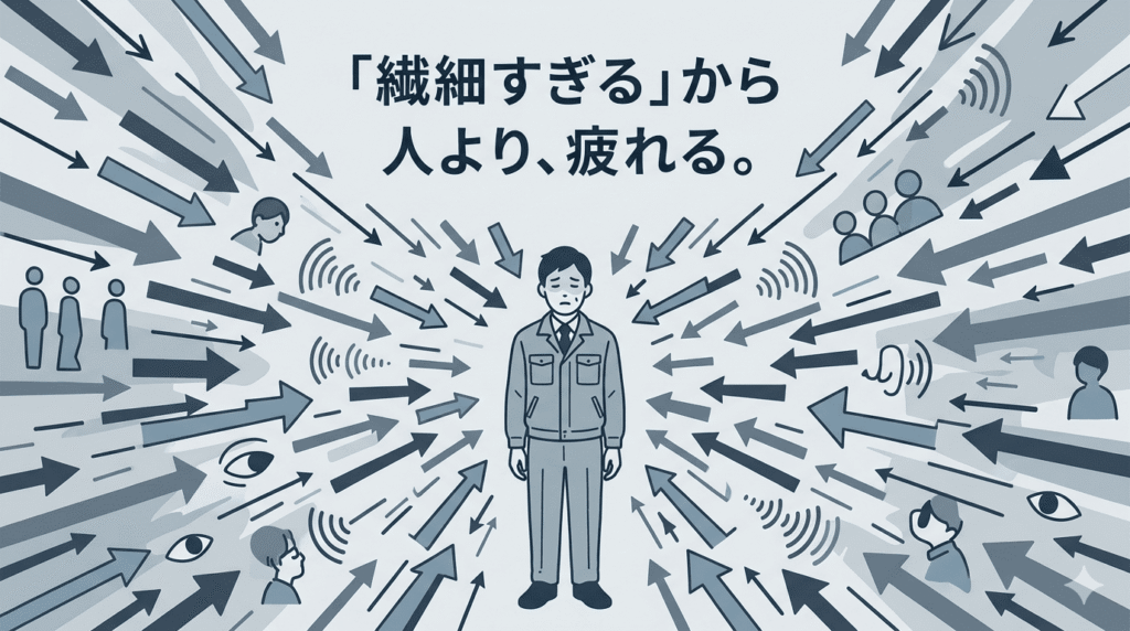 40代の日本人男性が、工場の制服姿で立ち尽くしている。彼の周囲には、目に見えない無数の矢印や音の波、人の視線を表すシンボルが彼に向かって降り注いでおり、彼が情報の渦に飲み込まれている様子を表現。男性の表情は圧倒され、疲れ切っている。