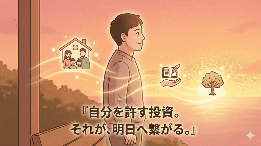 黄金色の夕日、あるいは温かい朝日に包まれた40代の日本人男性の横顔。彼は穏やかに微笑みながら遠くを見つめている。彼の背景には、家族や家、そして自身のブログを象徴するようなアイコンが優しく光りながら配置され、今の休息がそれらを守るための大切な時間であることを表現。
