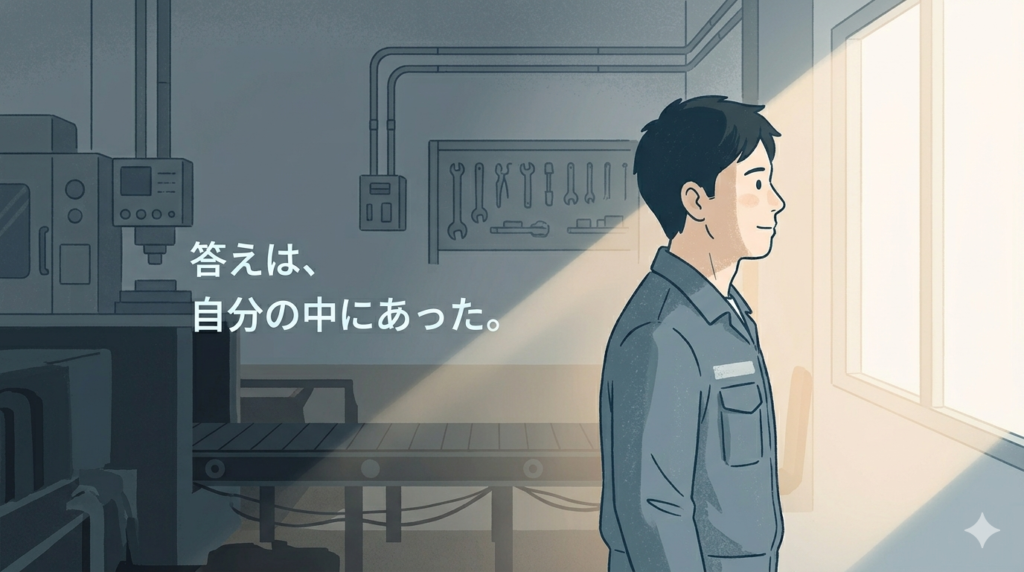 少しずつ明るさが差し込む工場の窓際で、日本人男性が何かに気づいたような表情で窓の外を見ているフラットイラスト。暗いトーンから明るいトーンへの境界線を描く。