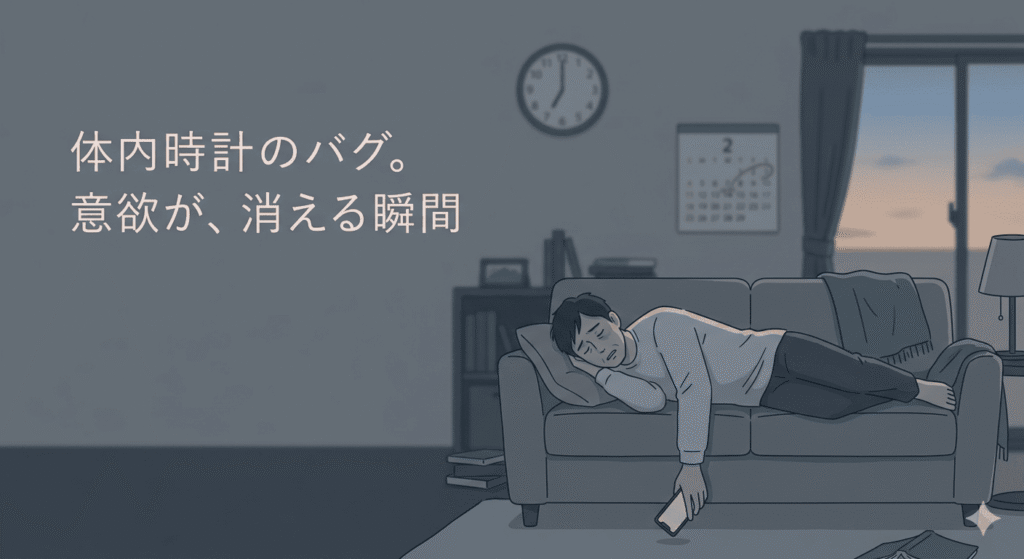 0〜40代の日本人男性が、夕暮れの薄暗いリビングでソファにぐったりと横たわっている。フラットイラスト、やわらかいタッチ。男性の手からはスマートフォンが床に落ちそうになっている。部屋の奥には、夜勤明けを象徴する時計と、次のシフトを示すカレンダーがぼんやりと見える。全体的に彩度が低く、グレーや重いブルーを基調とした、疲労感の漂う色調。