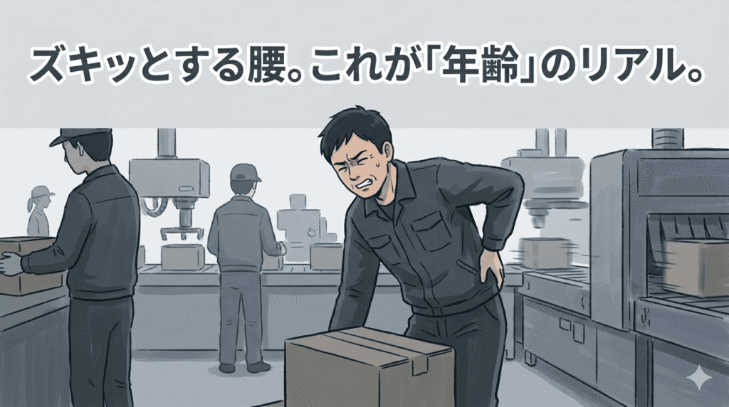 工場の現場で、重い箱を持ち上げようとして腰に手を当て、顔をしかめる40代日本人男性作業員。背景のラインは動き続けているが、彼の一瞬の苦痛にフォーカスしている。少し重苦しいグレーや寒色のトーン。