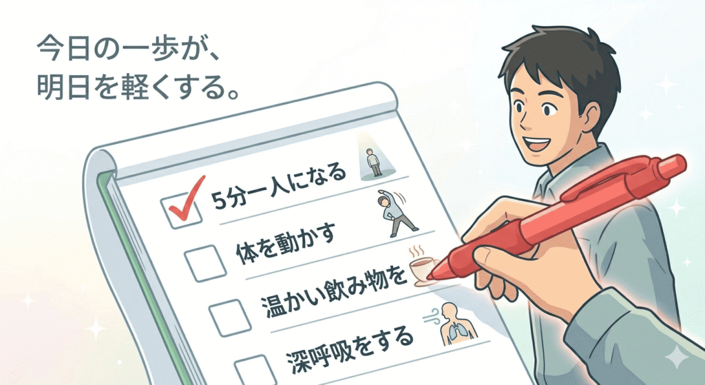 明るい清潔感のある背景に、大きな白いノートが開かれている。そのノートには、簡略化されたチェックボックスとイラスト付きの項目(「5分一人になる」「体を動かす」など)が描かれている。30代の日本人男性が、笑顔でそのノートの1つ目の項目に、大きな赤いペンでチェックマークを入れている。