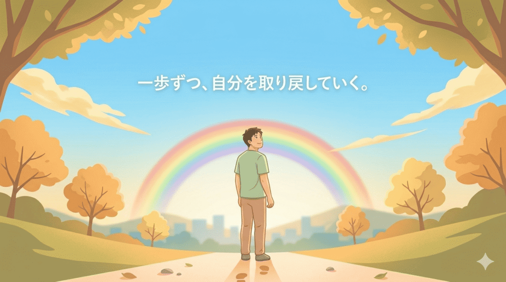 温かい光に包まれた道。その道には、小さな足跡がいくつか刻まれている。その足跡の先に、日本人男性が穏やかな表情で立ち、遠くの虹を見つめている。全体的に明るく、希望に満ちたトーン。