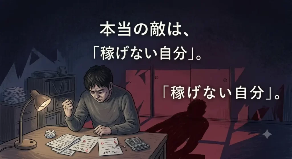 夕暮れ時、少し暗くなった部屋で、俯いて拳を握りしめている日本人男性。影が長く伸びている。感情の葛藤が伝わるような少し鋭い色使い。