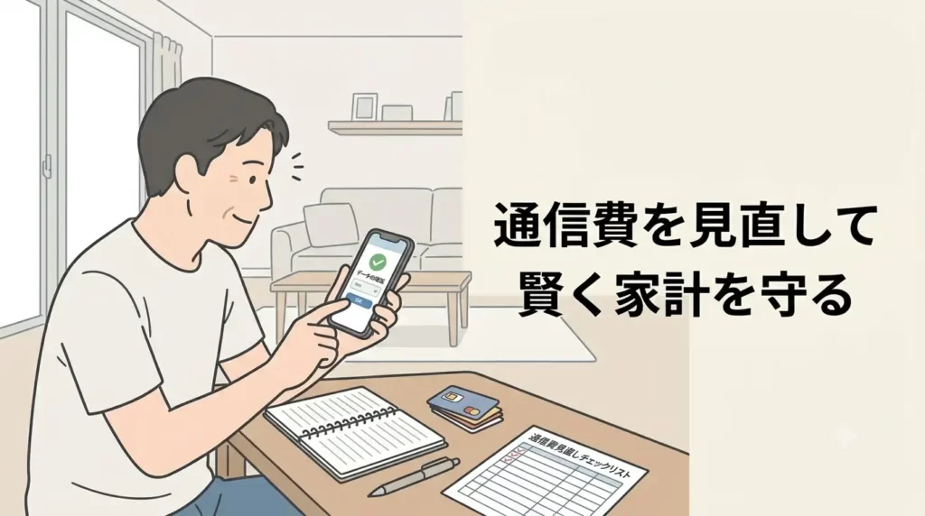 40代の日本人男性が、リビングのテーブルでスマートフォンを操作しながら、納得したように小さく頷いているフラットイラスト。