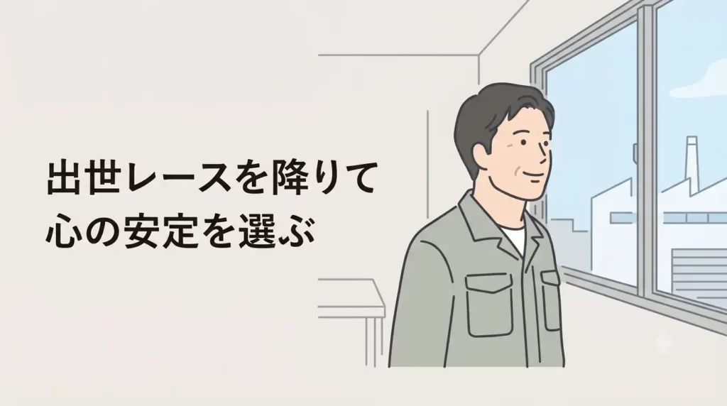 40代の日本人男性が、工場の休憩室で窓の外を眺めながら、ホッとした表情で穏やかに微笑んでいるフラットイラスト。