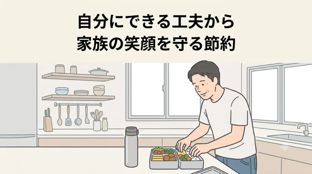 40代の日本人男性が、自宅のキッチンで真剣かつ前向きな表情で、お弁当箱に自分でおかずを詰めているフラットイラスト。