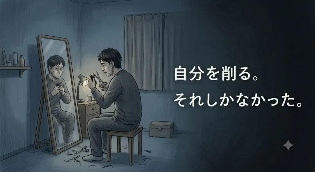 シンプルで少し寂しげな部屋。鏡の前で自分の髪を自分で切っている日本人男性の姿。部屋の明かりは控えめで、落ち着いた色合い。