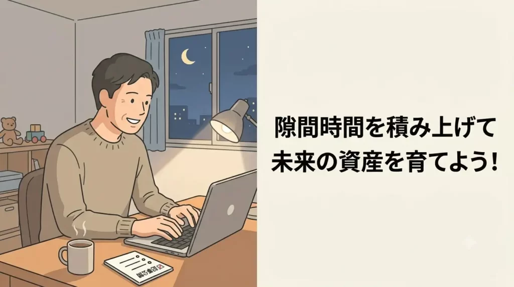 40代の日本人男性が、夜の落ち着いた部屋でパソコンに向かい、少し明るい表情でキーボードを叩いているフラットイラスト。