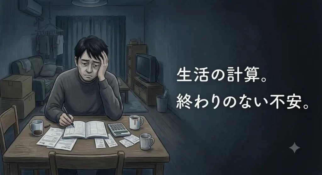 暗めの室内、薄暗い照明。手元で家計簿や計算機を見つめ、表情を曇らせている30代の日本人男性。背景は生活感のある質素なリビング。全体的に青みがかった暗いトーン。