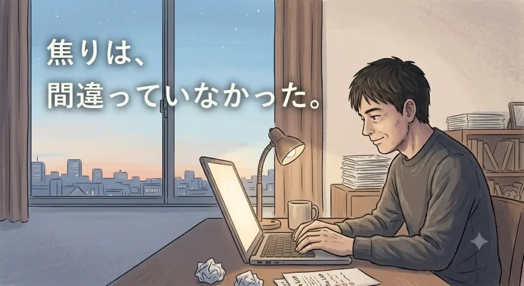 夜明け前の、少し明るくなり始めた窓際。PC画面の淡い光に照らされながら、穏やかで前向きな表情で作業をする日本人男性。