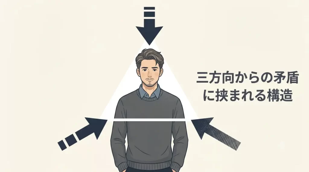 30〜40代の日本人男性が、大きな抽象的三角形のちょうど中心に立っています。三角形の3つの頂点(「客先」「自社」「現場」を象徴)から、彼に向かって大きな矢印がまっすぐ伸び、中央に圧力をかけています。矢印はそれぞれ異なる色やパターンを持っており、矛盾する要求を視覚化しています。