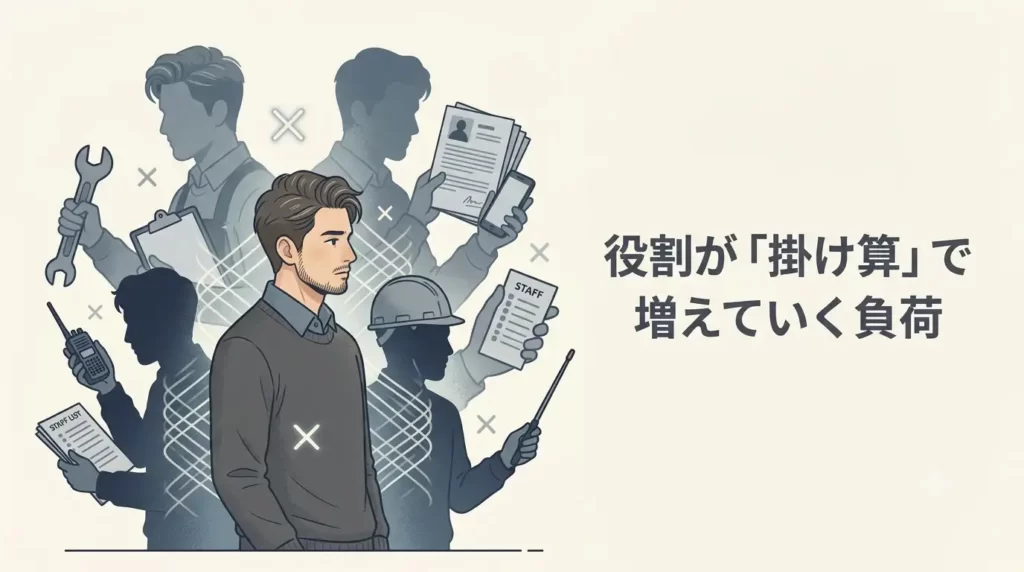 30〜40代の日本人男性が立っており、彼の半透明のシルエットやレイヤーがいくつも重なり合っています。それぞれのレイヤーの自分が、異なる道具(工場の工具、クリップボード、ビジネス書類、安全ヘルメット)を持っており、管理・営業・現場・安全・派遣管理の役割が同時に一人の人間に重なっている状態を表現しています。
