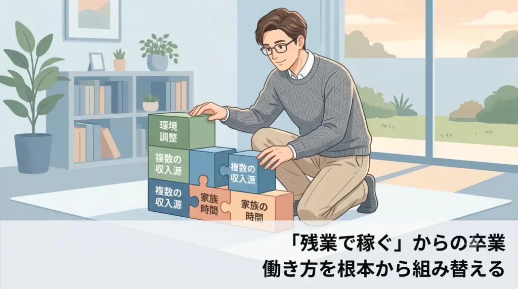 30代から40代の日本人男性が、パズルのピースやブロックを組み替えるように、自分の生活の要素(「環境調整」「複数の収入源」「家族の時間」)を整理しているフラットイラスト。