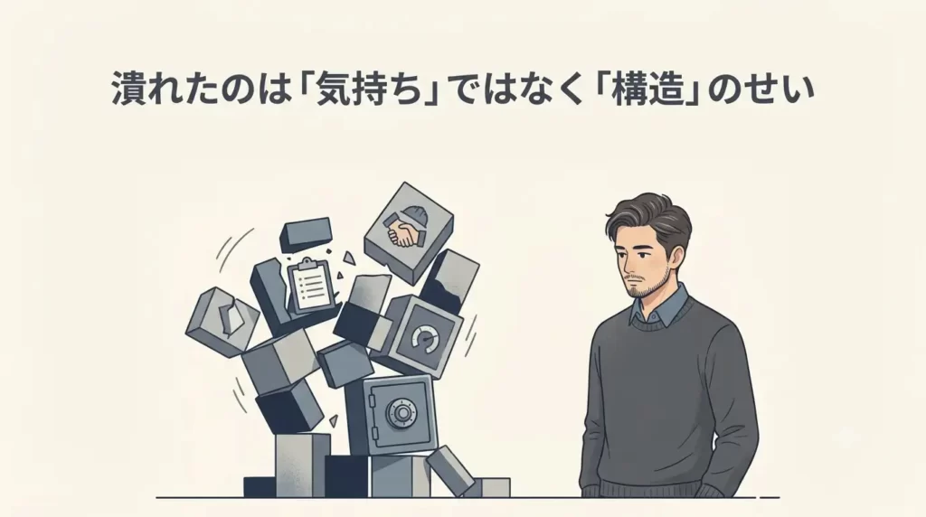 30〜40代の日本人男性が、目の前にある複雑な組織図や、積み木のように積み上げられた歪んだ幾何学的な構造タワーを見つめています。いくつかのブロックはズレたり傾いたりしており、システムの破綻を表現しています。男性は取り乱すことなく、それを冷静に観察しており、問題が自分ではなく構造の欠陥にあることに気づいた瞬間を描いています。