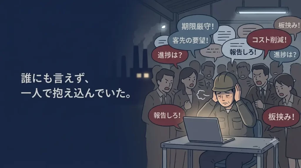 オフィスのデスクや工場の片隅で、頭を抱えるようにしてパソコンに向かっているか、あるいは机に突っ伏している様子。背景には周囲の人々のぼやけたシルエットや吹き出しが重なり、男性が耳を塞ぎたくなるような、強いプレッシャーや板挟みの息苦しさを感じている描写。
