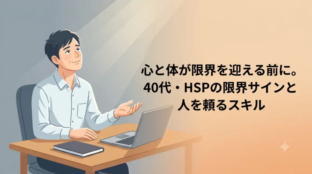 40代の日本人男性が、オフィスの木目のデスクに座り、疲れた表情を見せつつも、柔らかな光が差し込む方向を見上げて穏やかで希望のある表情を浮かべている。デスクの上には、閉じられたノートとノートパソコンがあり、片手はデスクに置かれ、もう片方の手はサポートを受け入れるように少し開かれている。