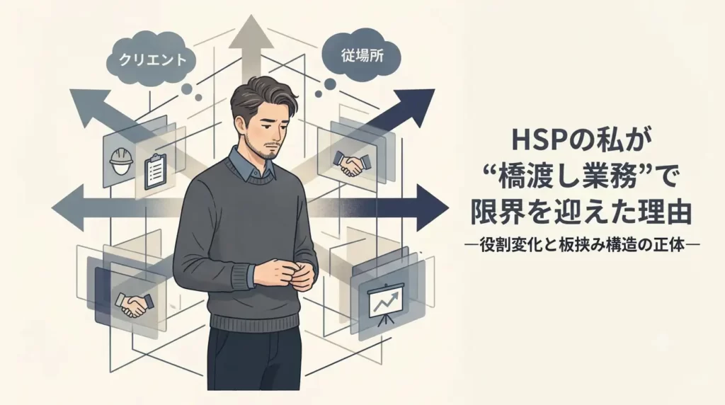画面の中央に30〜40代の日本人男性が立ち、少しうつむいて思索にふけるような表情をしています。彼の周囲には、複数の役割や複雑な仕組みを象徴する、抽象的な構造オブジェクト(幾何学的なライン、三方向に広がる矢印、重なり合うレイヤーボックス)が配置されています。