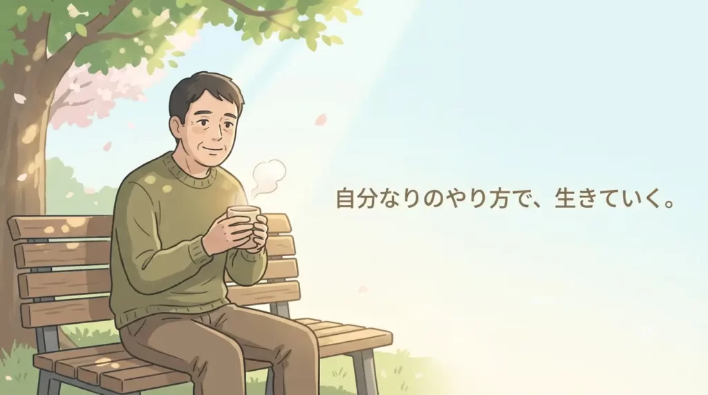 晴れた日の公園のベンチに座って、あたたかい飲み物を持ちながら、穏やかな表情で前を見つめている様子。男性の周りには、やさしい木漏れ日や穏やかな風が吹いているような描写。