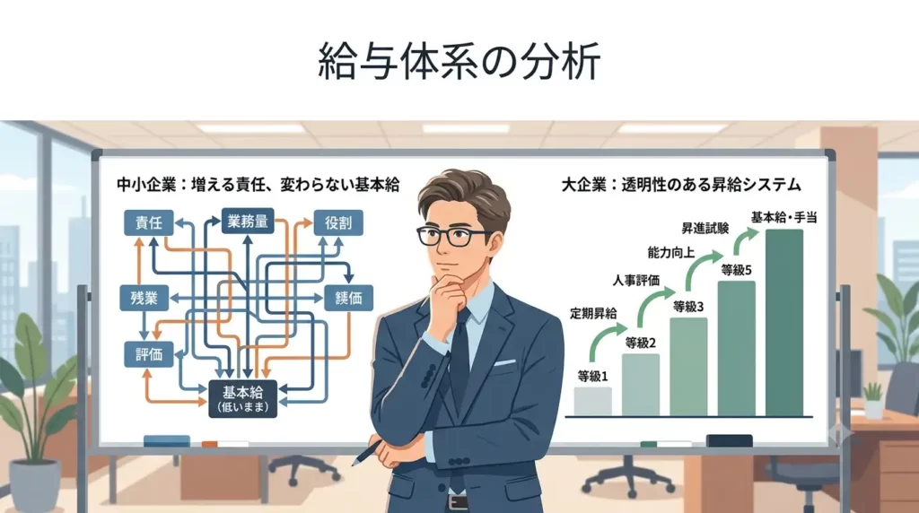 30代から40代の日本人男性の会社員が、中小企業と大企業の2つの異なる給与体系の構造図(ダイアグラム)を前にして、冷静に分析しているフラットイラスト。画面の左側には「中小企業:増える責任、変わらない基本給」を示す複雑な矢印の構造、右側には「大企業:透明性のある昇給システム」を示す整然とした階段状の構造が描かれています。