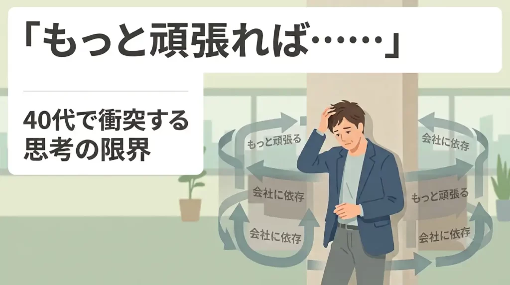 30代から40代の日本人男性が、自分の周囲を囲む「もっと頑張る」「会社に依存」という言葉が書かれた見えない壁(またはループする矢印の図)の中に立ち、少し疲れつつも自分の思考パターンを客観的に見つめ直しているフラットイラスト。