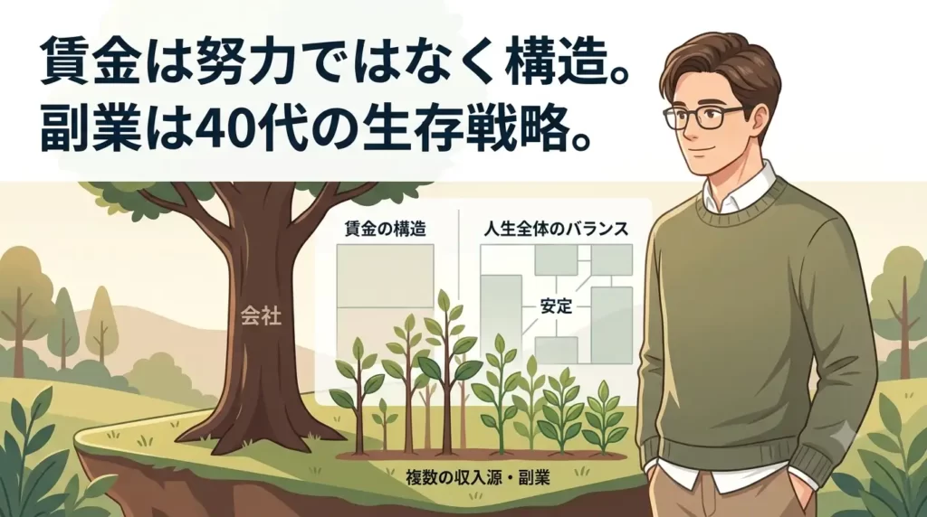 30代から40代の日本人男性が、1本の太い木(会社)の横で、いくつかの新しい若葉(複数の収入源・副業)を育て、自分の人生全体のバランスシート(構造図)が安定した状態を俯瞰しているフラットイラスト。