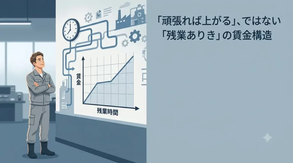 30代から40代の日本人男性の工場作業員が、工場の時計と「残業時間」を示す折れ線グラフが連動している壁画のような図解を、一歩引いた視点から俯瞰して見つめているフラットイラスト。男性は作業着を緩め、ハッと何かに気づいたような納得の表情を浮かべています。