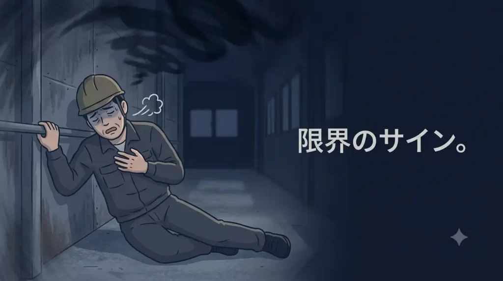 工場の廊下や薄暗い部屋の床にへたり込み、胸に手を当てて苦しそうに呼吸をしている様子。男性の表情にはパニックと不甲斐なさが入り混じった苦悩が浮かんでいる。