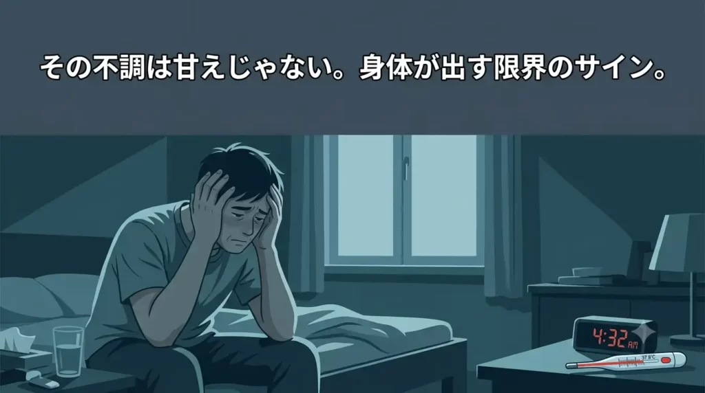 早朝、40代の日本人男性がベッドの端に腰掛け、体調不良で辛そうに頭やリをおさえている。近くのサイドテーブルの上には早朝の時間を指すデジタル時計と、微熱を示す赤い目盛りの体温計が置かれている。