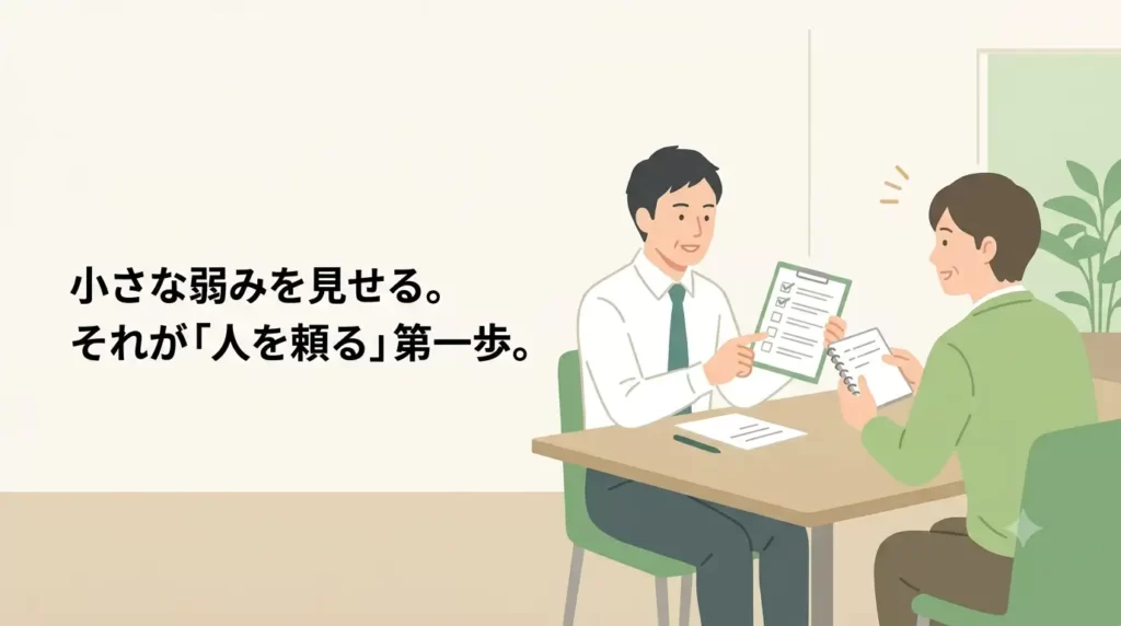 40代の日本人男性が、オフィスの休憩室やカフェのテーブルで、優しそうな同僚とカジュアルに会話をしている。男性は同僚にチェックリストや簡単なメモを見せながら、小さな悩みや相談事を話している。実務的で協力し合っている雰囲気。